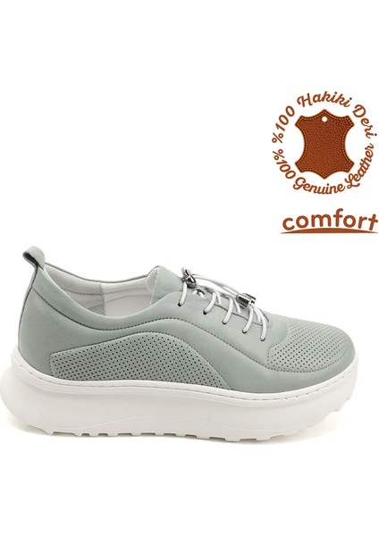 Kadın Su Yeşili Lastik Bağcıklı Comfort Hakiki Deri Sneaker