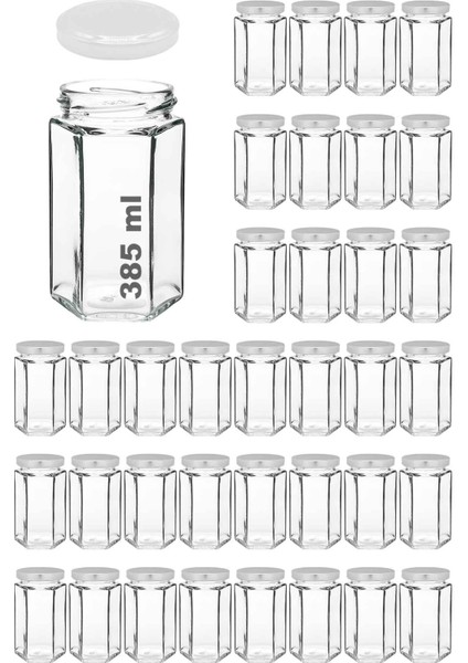 385 ml Metal Beyaz Kapaklı Altıgen Bal Kavanozu 385 cc Şeffaf Hexagon Kavanoz 36 Adet (500 gr Bal Alır)