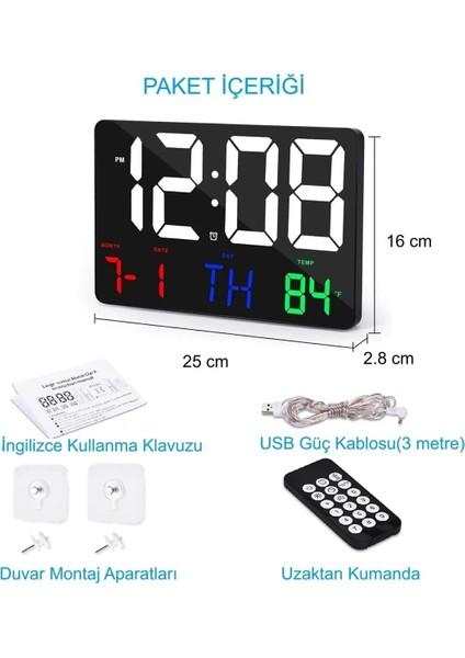 Dijital Uzaktan Duvar Saati Renkli Hd LED Ekran 25 x 16 cm Tarih Gün Sıcaklık Alarm USB