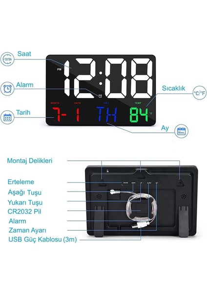 Dijital Uzaktan Duvar Saati Renkli Hd LED Ekran 25 x 16 cm Tarih Gün Sıcaklık Alarm USB fiyatları