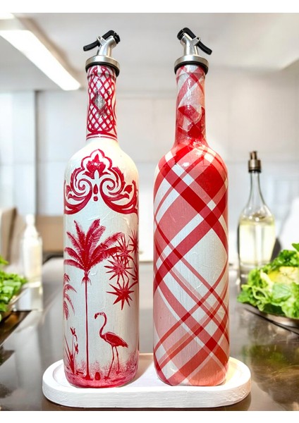 El Yapımı Kırmızı Beyaz Yağdanlık Seti – Flamingo Ekose Desenli Cam Şişe, Dekoratif Mutfak & Sofra Ürünü, Sosluk & Sirkelik