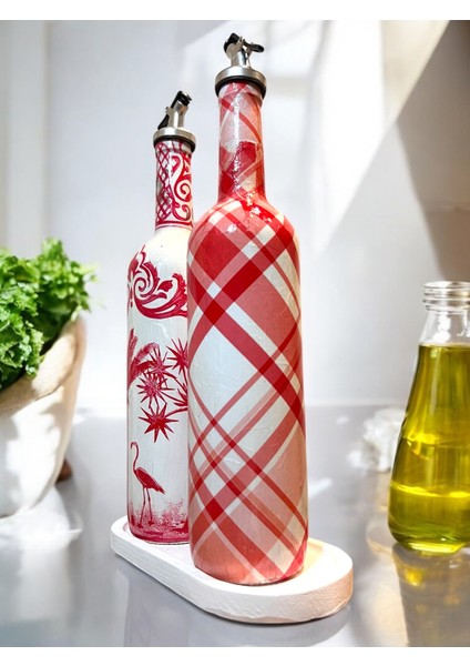 El Yapımı Kırmızı Beyaz Yağdanlık Seti – Flamingo Ekose Desenli Cam Şişe, Dekoratif Mutfak & Sofra Ürünü, Sosluk & Sirkelik modelleri