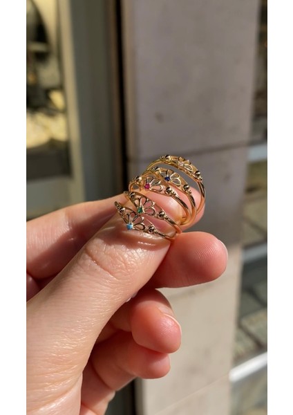 14 Ayar Vintage Stil Taşlı Çiçek Prenses Tacı Minimal Yüzük fiyatları