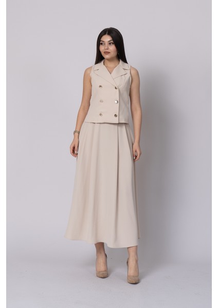 Trend Model Içi Astarlı Düğmeli Yelek & Kemerli Uzun Etek Takımı 1205