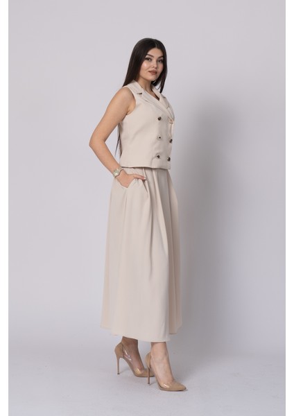 Trend Model Içi Astarlı Düğmeli Yelek & Kemerli Uzun Etek Takımı 1205 fiyatları