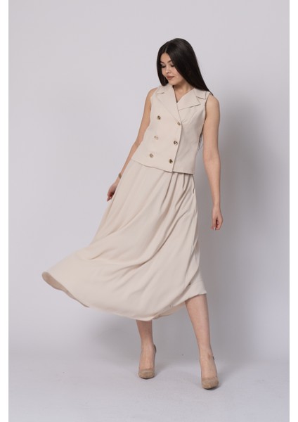 Trend Model Içi Astarlı Düğmeli Yelek & Kemerli Uzun Etek Takımı 1205 modelleri