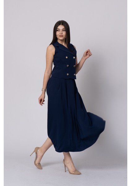 Trend Model Içi Astarlı Düğmeli Yelek & Kemerli Uzun Etek Takımı 1205