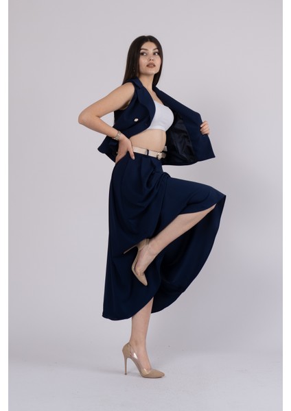 Trend Model Içi Astarlı Düğmeli Yelek & Kemerli Uzun Etek Takımı 1205 modelleri