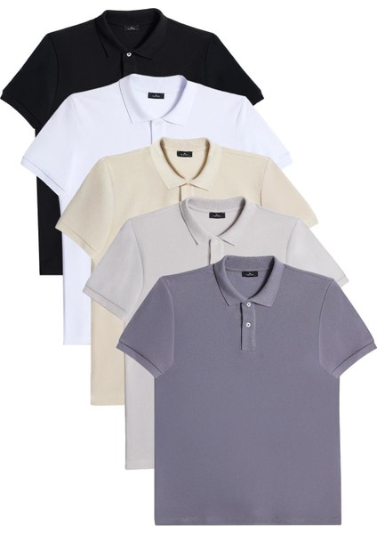 Erkek 5'li Paket Siyah-K.gri-Beyaz-Gri-Ekru Slim Fit Dar Kesim Pamuklu Düz Pike Polo Yaka Tişört