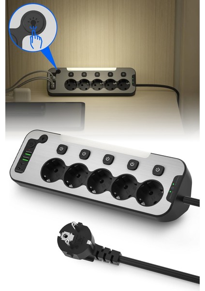 Bağımsız Anahtarlı 5'li Işıklı Akım Korumalı Çoklu Priz 4000W, 2x USB - 2x Type-C Giriş, Metal Ön Panel Uzatma Kablosu Köşe Beşli Priz, Topraklı, 2 Metre Kablo