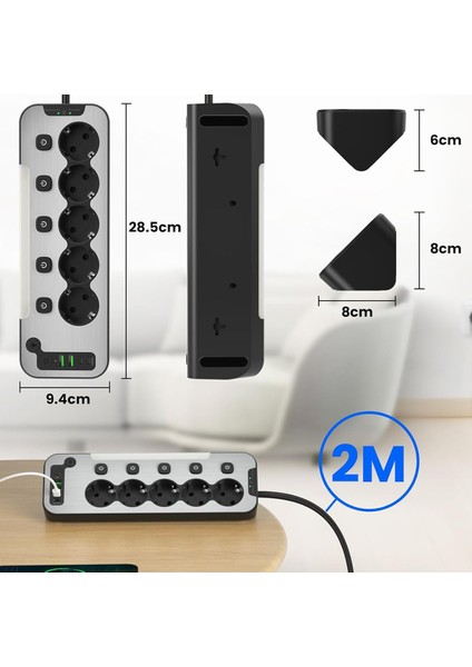 Bağımsız Anahtarlı 5'li Işıklı Akım Korumalı Çoklu Priz 4000W, 2x USB - 2x Type-C Giriş, Metal Ön Panel Uzatma Kablosu Köşe Beşli Priz, Topraklı, 2 Metre Kablo