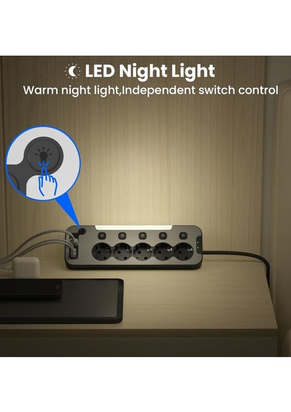 Bağımsız Anahtarlı 5'li Işıklı Akım Korumalı Çoklu Priz 4000W, 2x USB - 2x Type-C Giriş, Metal Ön Panel Uzatma Kablosu Köşe Beşli Priz, Topraklı, 2 Metre Kablo