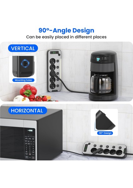 Bağımsız Anahtarlı 5'li Işıklı Akım Korumalı Çoklu Priz 4000W, 2x USB - 2x Type-C Giriş, Metal Ön Panel Uzatma Kablosu Köşe Beşli Priz, Topraklı, 2 Metre Kablo