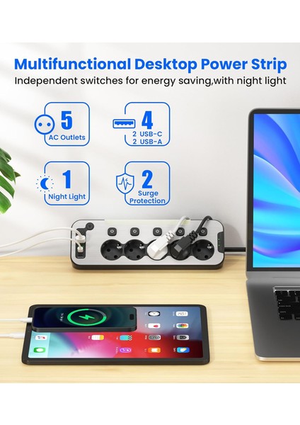 Bağımsız Anahtarlı 5'li Işıklı Akım Korumalı Çoklu Priz 4000W, 2x USB - 2x Type-C Giriş, Metal Ön Panel Uzatma Kablosu Köşe Beşli Priz, Topraklı, 2 Metre Kablo