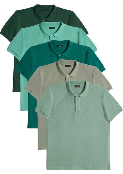 Erkek 5'li Paket Haki-Su Yeşili-Koyu Yeşil-Yeşil-Çağla Slim Fit Pamuklu Düz Pike Polo Yaka Tişört