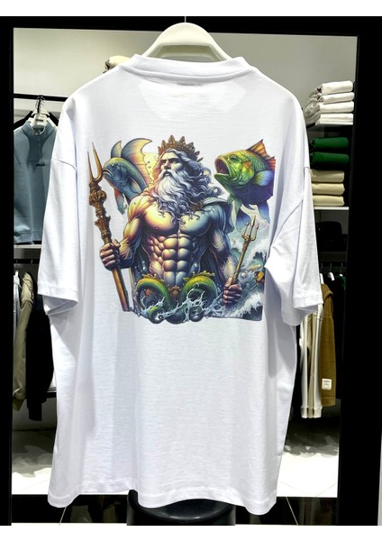 Posedion Baskılı Beyaz Erkek Oversize T-Shirt