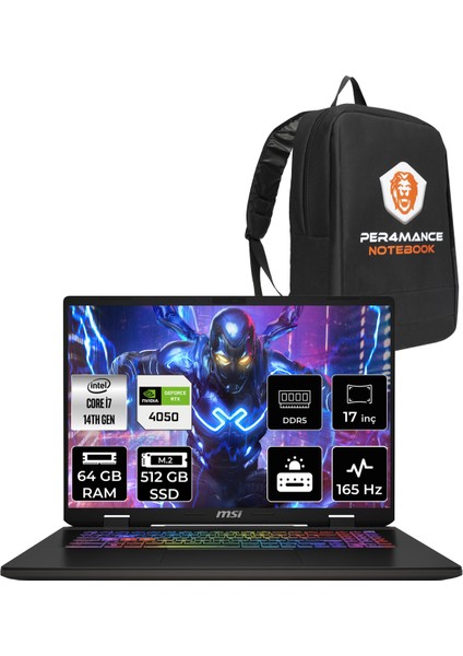 Msı Sword 17 Hx Intel Core I7 14700HX 64GB 512GB SSD RTX4050/6GB 105W 17" Fhd+ 165Hz Fdos Taşınabilir Bilgisayar & Per4 Çanta B14VEKG053XTRP332