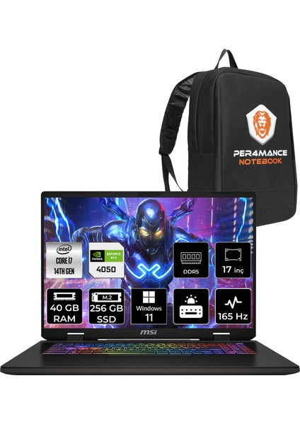 Msı Sword 17 Hx Intel Core I7 14700HX 40GB 256GB SSD RTX4050/6GB 105W 17" Fhd+ 165Hz Windows 11 Home Taşınabilir Bilgisayar & Per4 Çanta B14VEKG053XTRP361