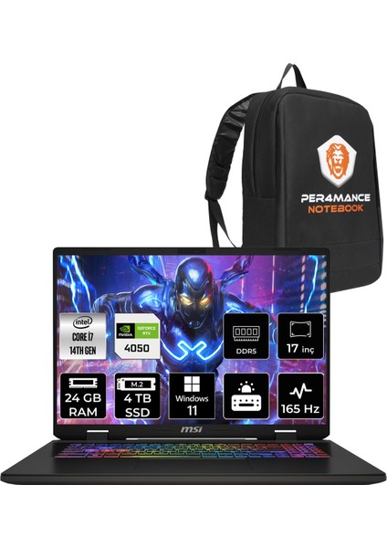 Msı Sword 17 Hx Intel Core I7 14700HX 24GB 4tb SSD RTX4050/6GB 105W 17" Fhd+ 165HzWindows 11 Pro Taşınabilir Bilgisayar & Per4 Çanta B14VEKG053XTRP395
