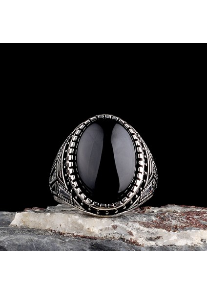 925 Ayar Gümüş Onix Taşlı Oval Model Erkek Yüzük modelleri