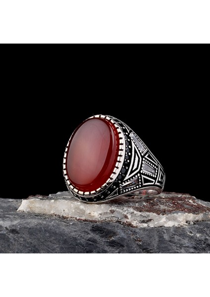 925 Ayar Gümüş Akik Taşlı Oval Model Erkek Yüzük fiyatları