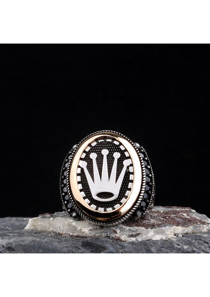 925 Ayar Gümüş Kral Tacı Motifli Mikro Taşlı Model Erkek Yüzük modelleri