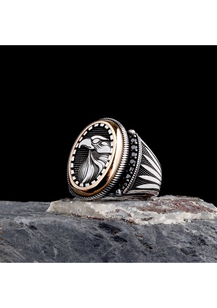 925 Ayar Gümüş Kartal Motifli Mikro Taşlı Model Erkek Yüzük fiyatları