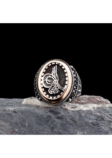 925 Ayar Gümüş Tuğra Motifli Mikro Taşlı Model Erkek Yüzük modelleri