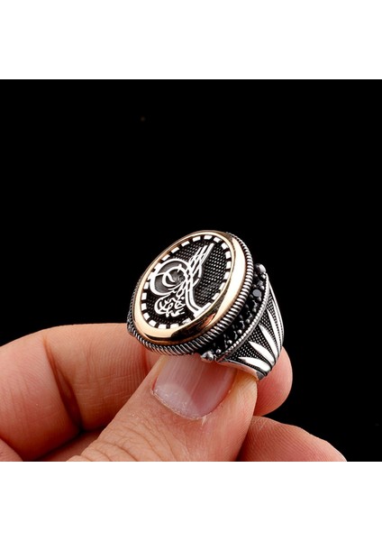 925 Ayar Gümüş Tuğra Motifli Mikro Taşlı Model Erkek Yüzük fırsatları