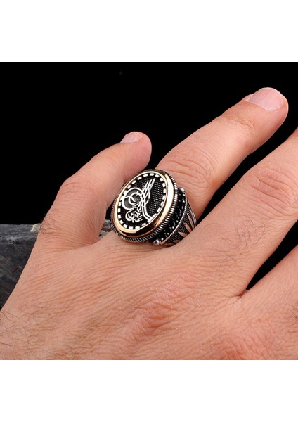 925 Ayar Gümüş Tuğra Motifli Mikro Taşlı Model Erkek Yüzük indirimleri