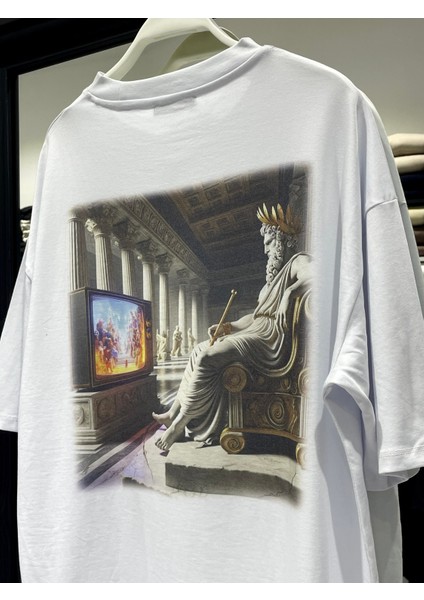 Zeus Sırt Baskılı Beyaz Erkek Oversize T-Shirt