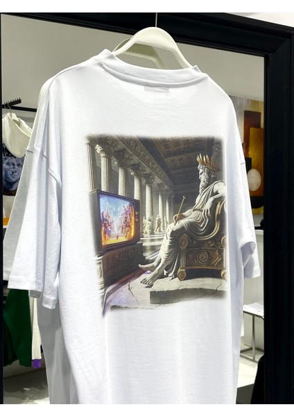 Zeus Sırt Baskılı Beyaz Erkek Oversize T-Shirt