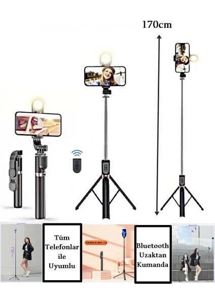 2in1 Bluetooth Kumandalı 170 cm Tripod Telefon Tutuculu Selfie Çubuğu Telefon Tripodu K9 modelleri
