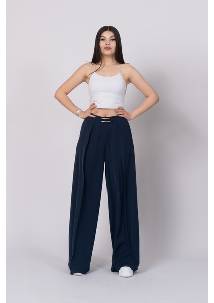 Trend Model Pile Detay Yüksek Bel Cepli Bol Paça Pantolon 30221