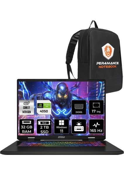 Msı Sword 17 Hx Intel Core I7 14700HX 32GB 2tb SSD RTX4050/6GB 105W 17" Fhd+ 165Hz Windows 11 Home Taşınabilir Bilgisayar & Per4 Çanta B14VEKG053XTRP359