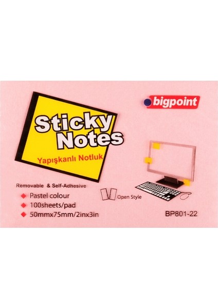 | Yapışkanlı Not Kağıdı 75X50MM 100 Yaprak Pembe – Iz Bırakmadan Çıkar