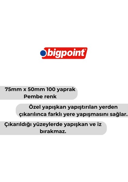 | Yapışkanlı Not Kağıdı 75X50MM 100 Yaprak Pembe – Iz Bırakmadan Çıkar