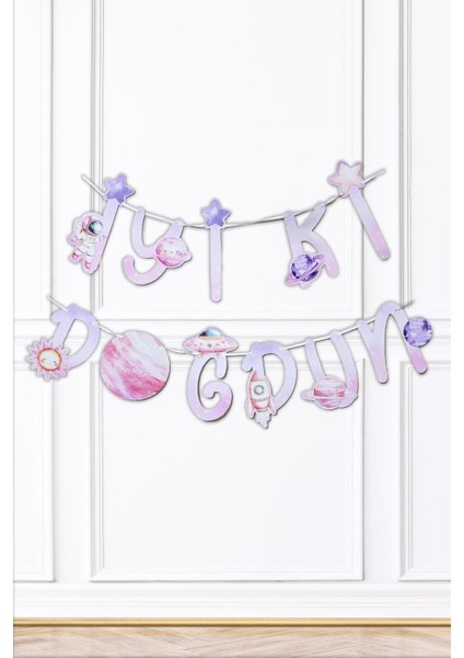 Pembe Uzay Iyi Ki Doğdun Banner Kız Uzay Tema Doğum Günü Süsleri Ipe Dizili Kartlar Duvar Süsü