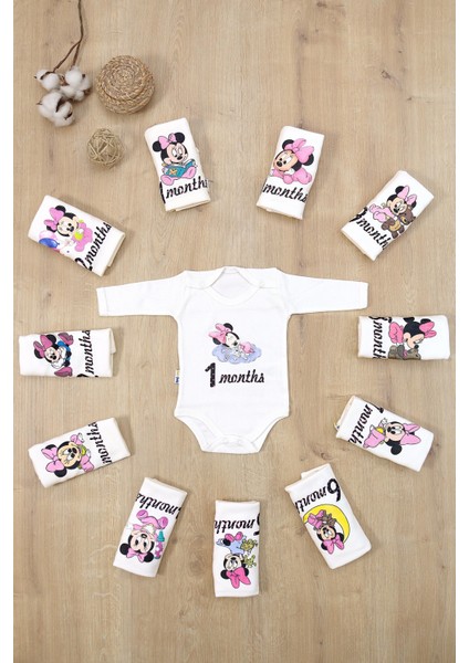Aylık Badi Set 12 Ay Her Ay Özel Baskılı Uzun Kollu Çıtçıtlı Kız Miki Body STL6886