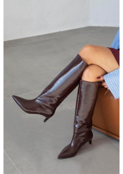 Jade Pino Ökçe Kroko Deri Rugan Kadın Çizme Bordo