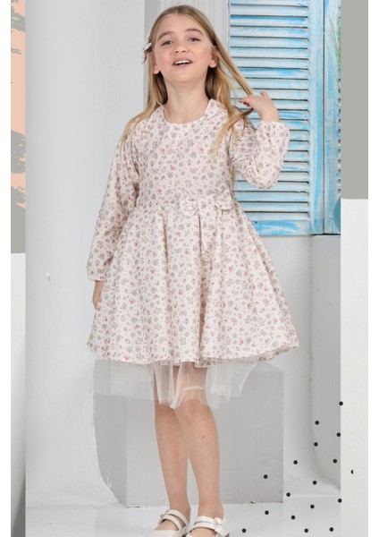 Kız Çocuk Kloş Elbise Çiçek Desenli ve Etek Ucu Tüllü 12178