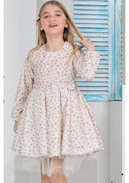 Kız Çocuk Kloş Elbise Çiçek Desenli ve Etek Ucu Tüllü 12178 fiyatları