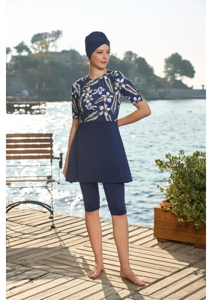 Estiva kadın Boneli Yarım Kol Çiçek Desenli Taytlı Mayo Lacivert fırsatları