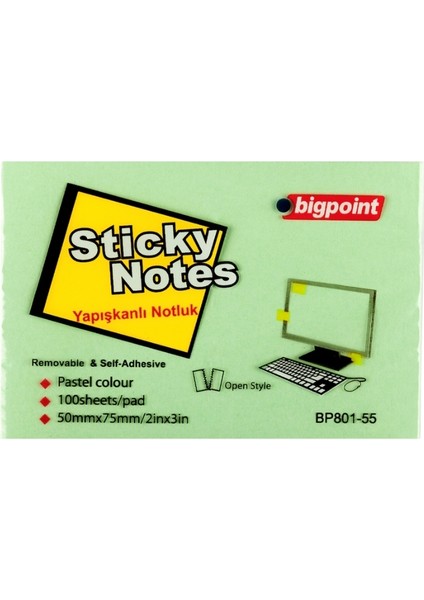 | Yapışkanlı Not Kağıdı 75X50MM 100 Yaprak Yeşil – Iz Bırakmadan Çıkar