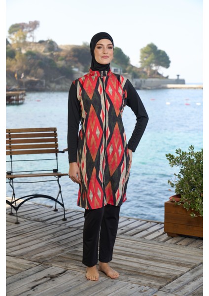 kadın Tam Kapalı Fermuarlı Geometrik Desenli Tesettür Mayo Siyah