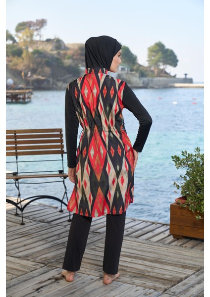 kadın Tam Kapalı Fermuarlı Geometrik Desenli Tesettür Mayo Siyah fiyatları