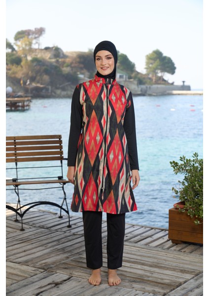 kadın Tam Kapalı Fermuarlı Geometrik Desenli Tesettür Mayo Siyah modelleri