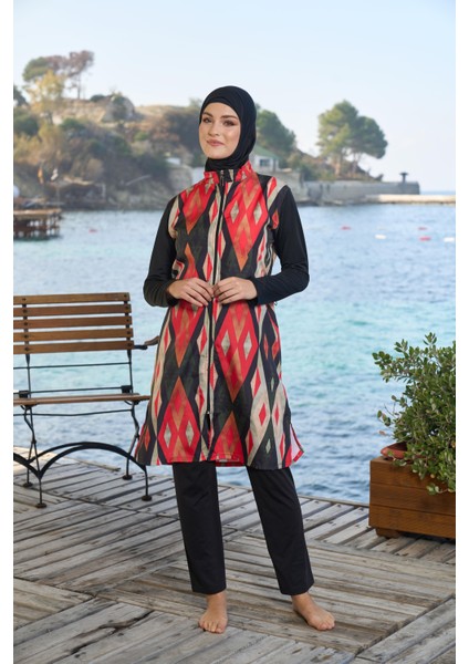 kadın Tam Kapalı Fermuarlı Geometrik Desenli Tesettür Mayo Siyah fırsatları