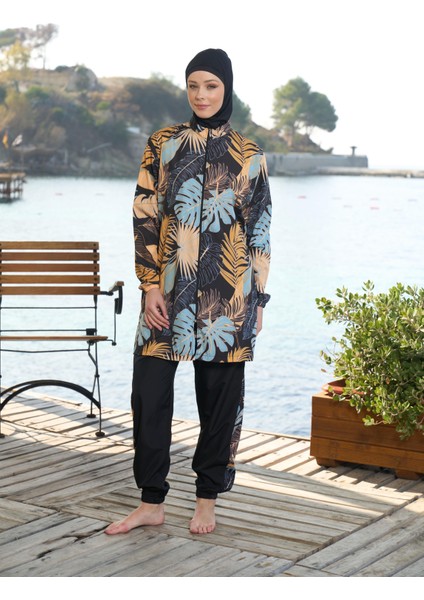 kadın Tam Kapalı Fermuarlı Palmiye Desenli Tesettür Mayo Siyah