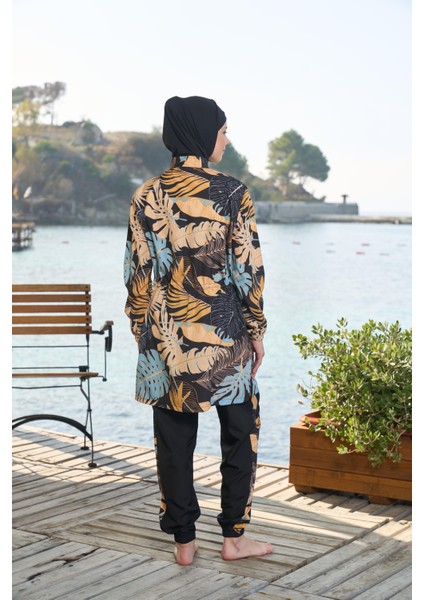 kadın Tam Kapalı Fermuarlı Palmiye Desenli Tesettür Mayo Siyah fiyatları